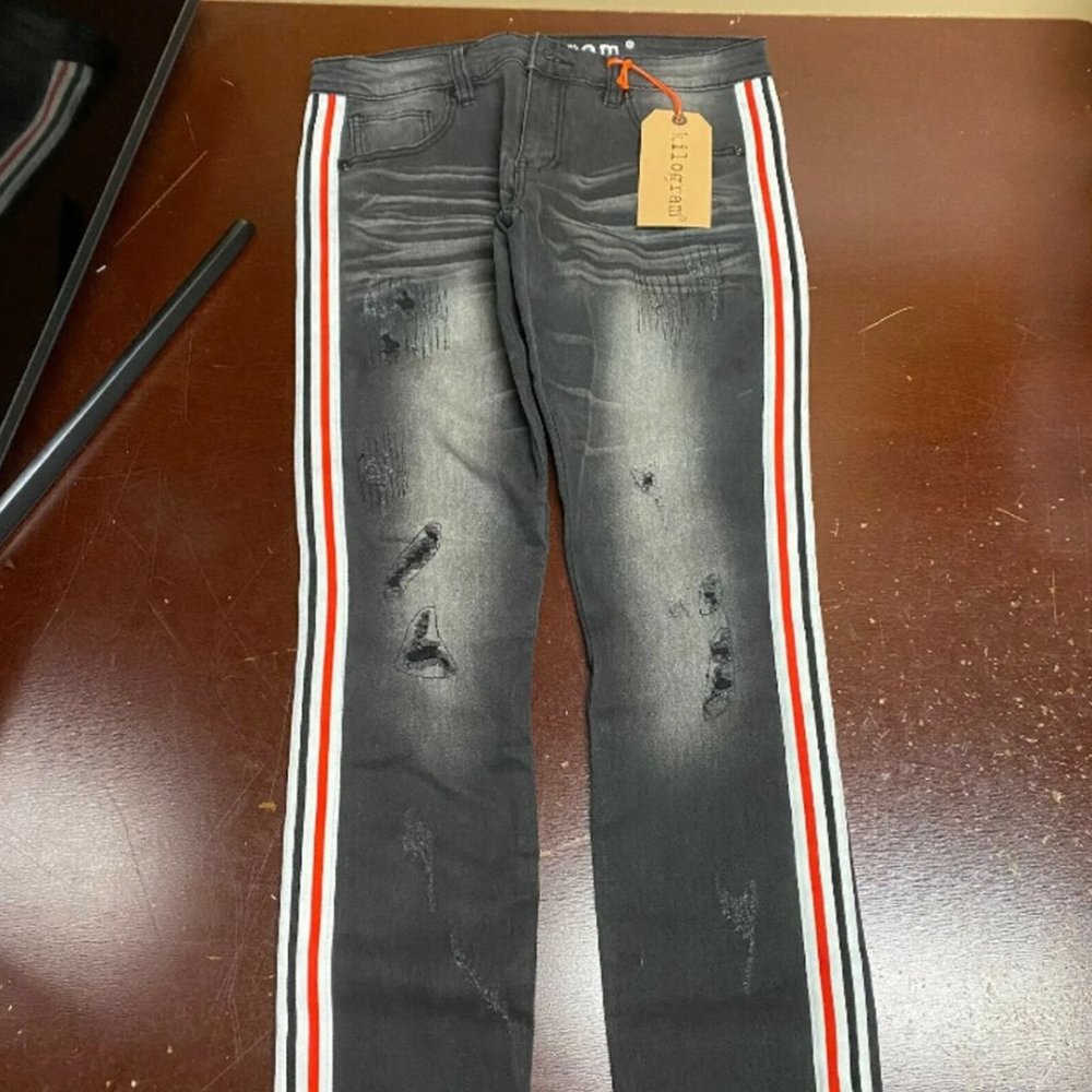 Kilogram Mens Black Medium Wash Distressed Side Stripes Straight Leg Denim Jeans